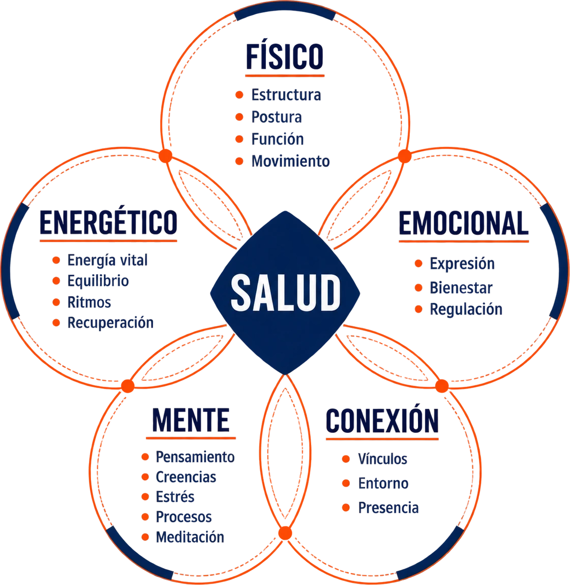 Diagrama: cinco círculos entrelazados —Físico, Energético, Emocional, Mente y Conexión— que confluyen en la salud